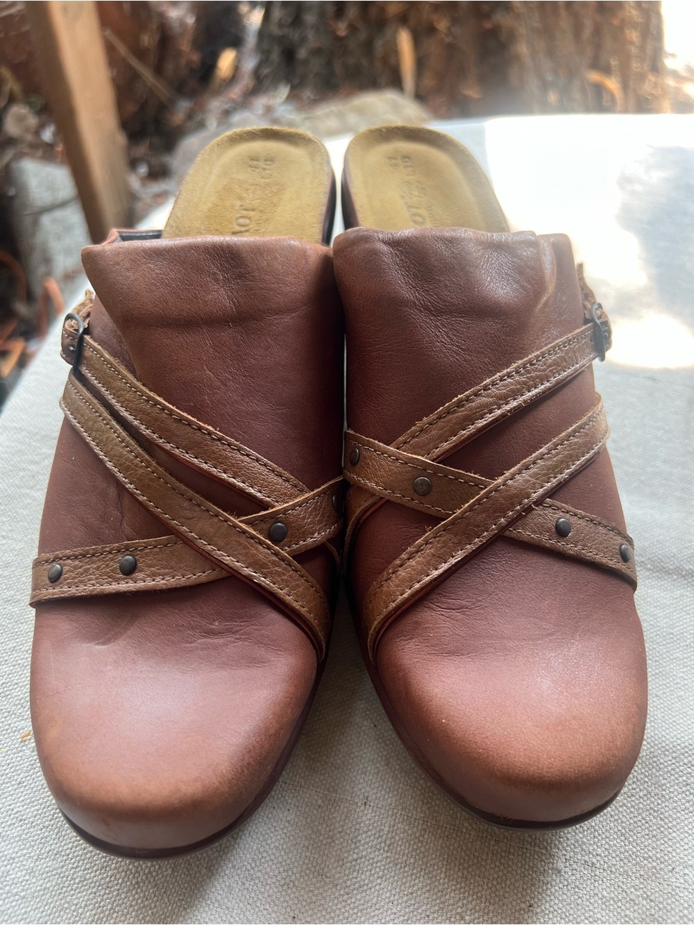 Naot Suede Slip-On Clogs Made in Israel Chestnut and Mustard size 41